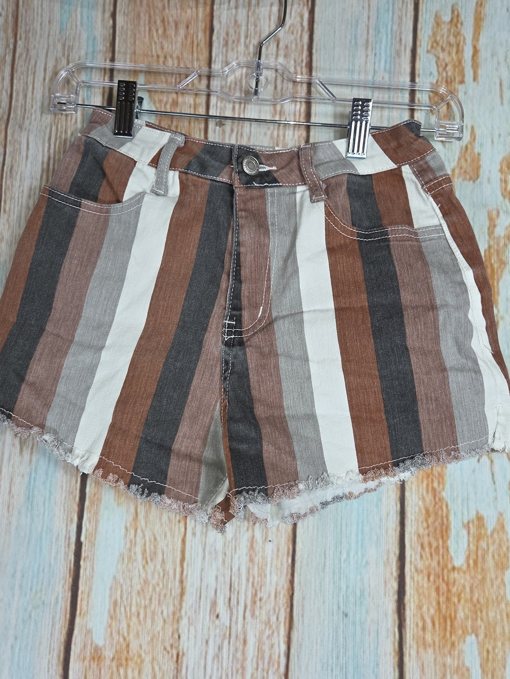Saints & Hearts striped denim shorts with a distressed frayed hem. Size Small